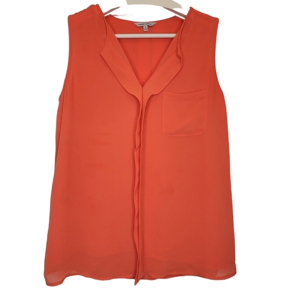 NAKED ZEBRA Ruffle Jersey Top Orange Sleeveless V‎ Neck Front Pocket Women Small